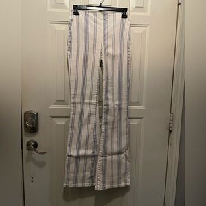 Vylette White with Blue Stripes Flare Pants